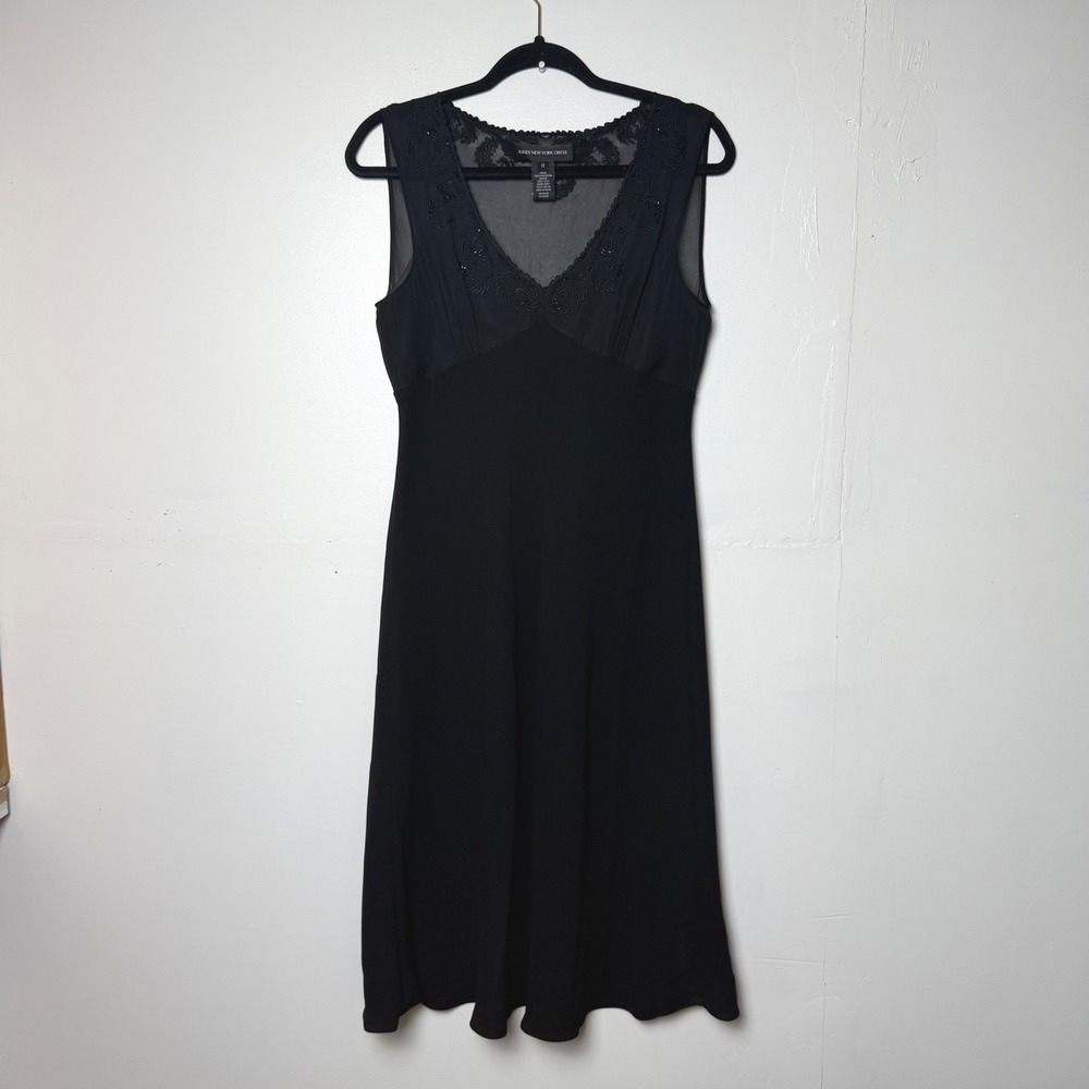 Vtg Black Silk Blend Floral Midi Bias Cut Dark Romantic Sheer Babydoll Dress 12